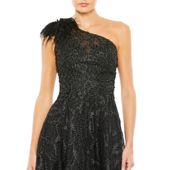 $798 Mac Duggal Size 6 Black One Shoulder Feather Ballgown‎ Long Gown Maxi Dress - Picture 3 of 4